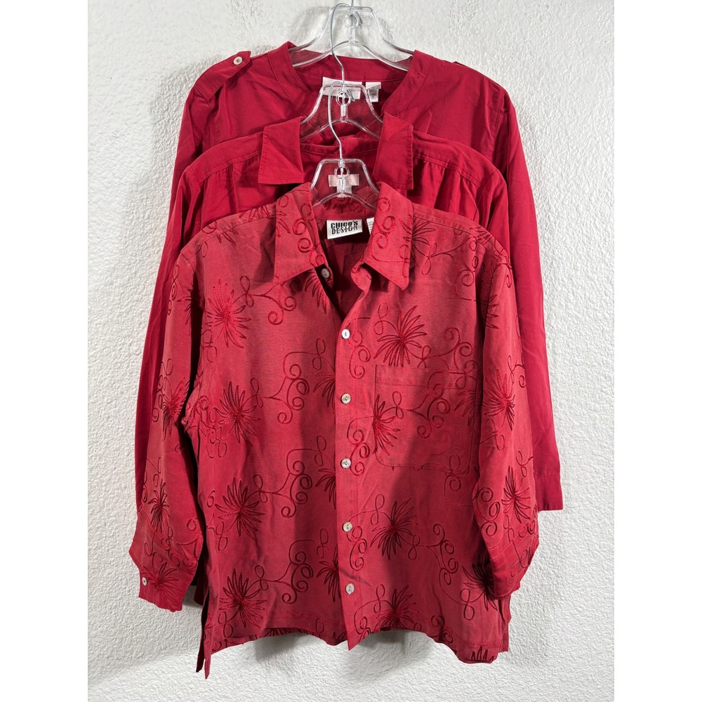 Chicos Red Silk Embroidered‎ Button Up Blouse Lot of 3 Size 0 Womens Top